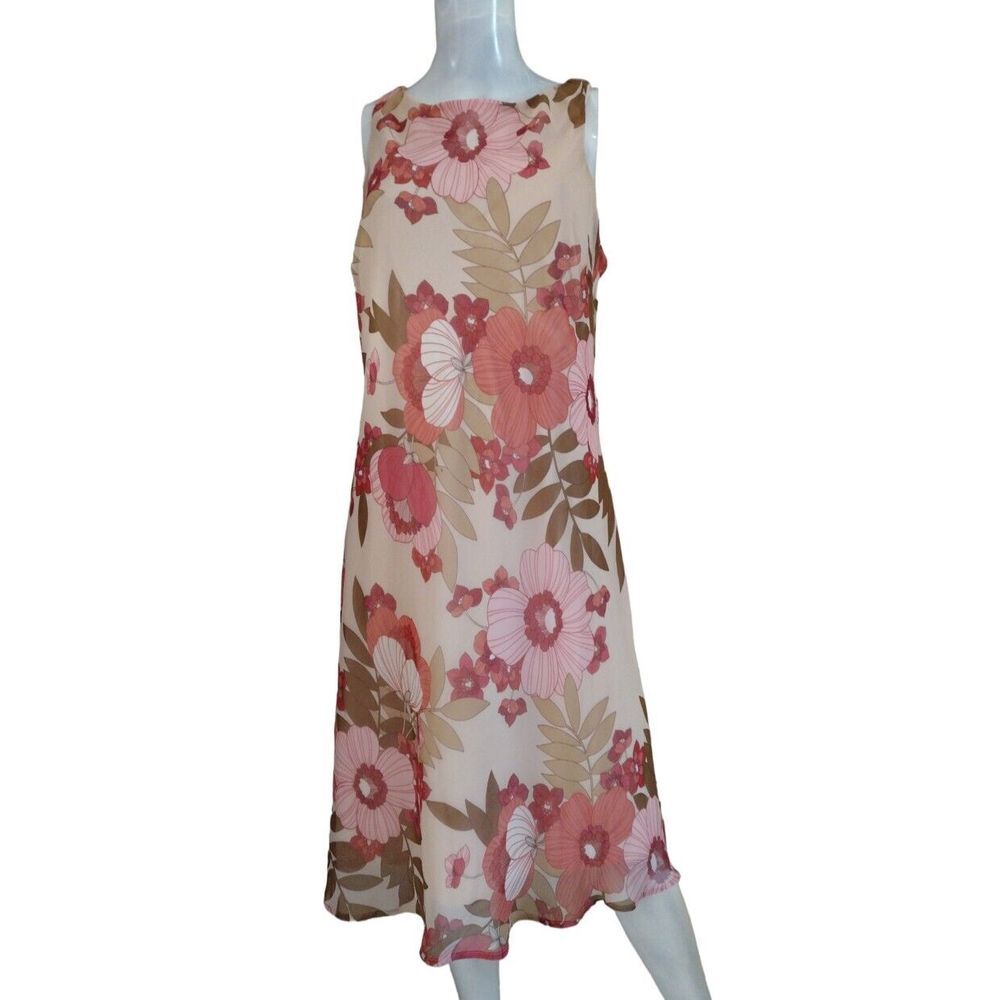 F.L.P Dress Woman 16‎ Pink Floral Sun Slip Midi Fully Lined Sleeveless Summer